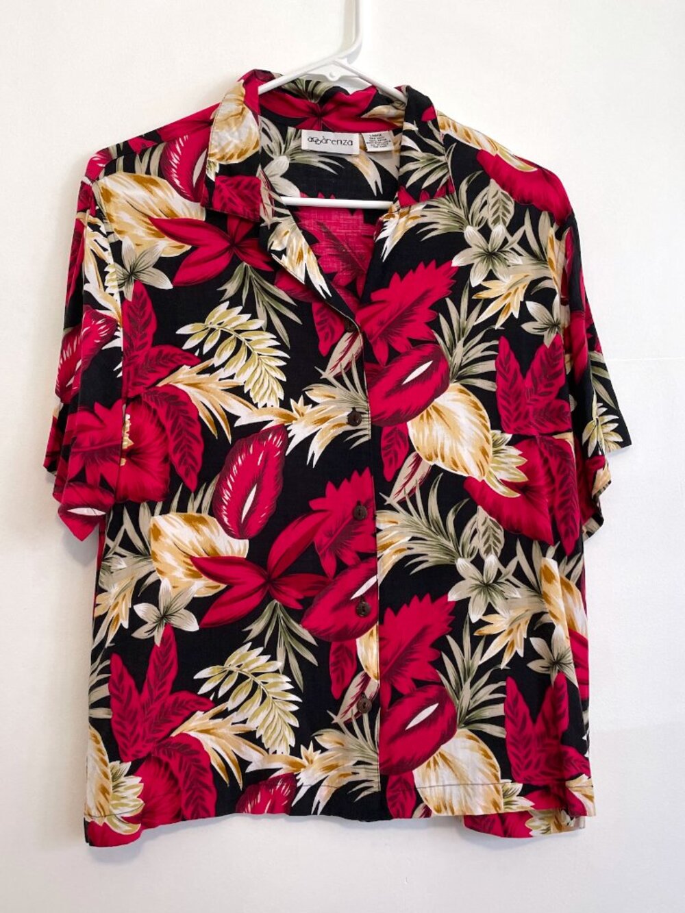 VINTAGE VTG APPARENZA Black Raspberry Floral Button Down Tropical Hawaiian Shirt